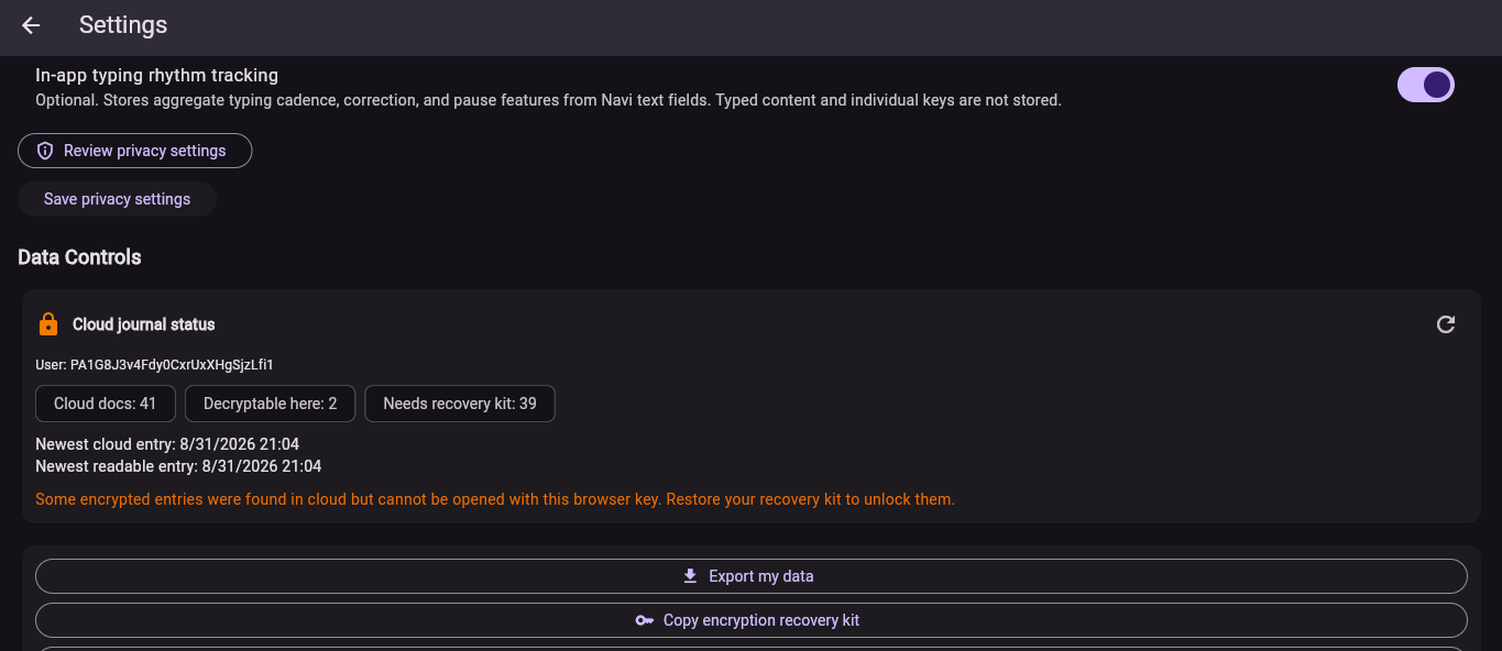NAVI wearable integration settings.
